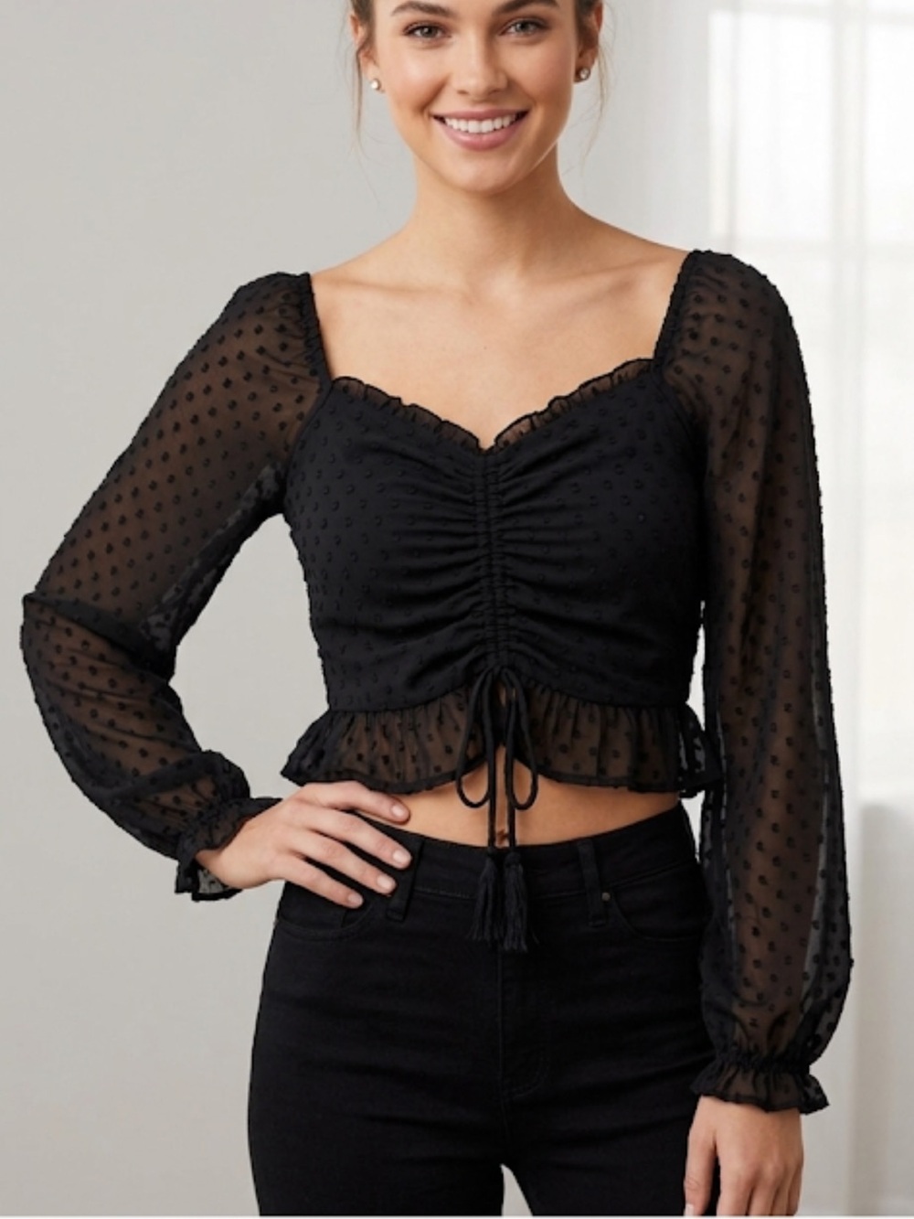Hollister Swiss Dot Cinched Front Long Sleeve Blouse